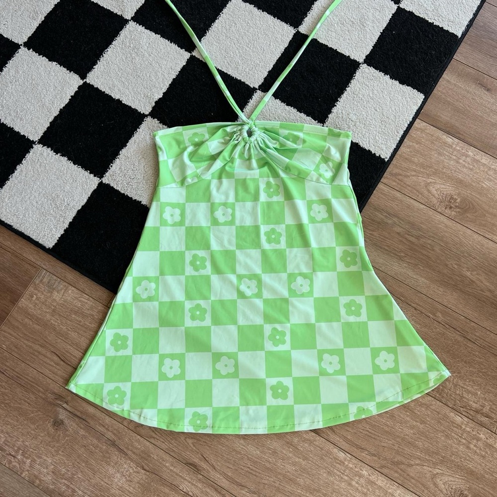Green Floral Checkered Mini Dress